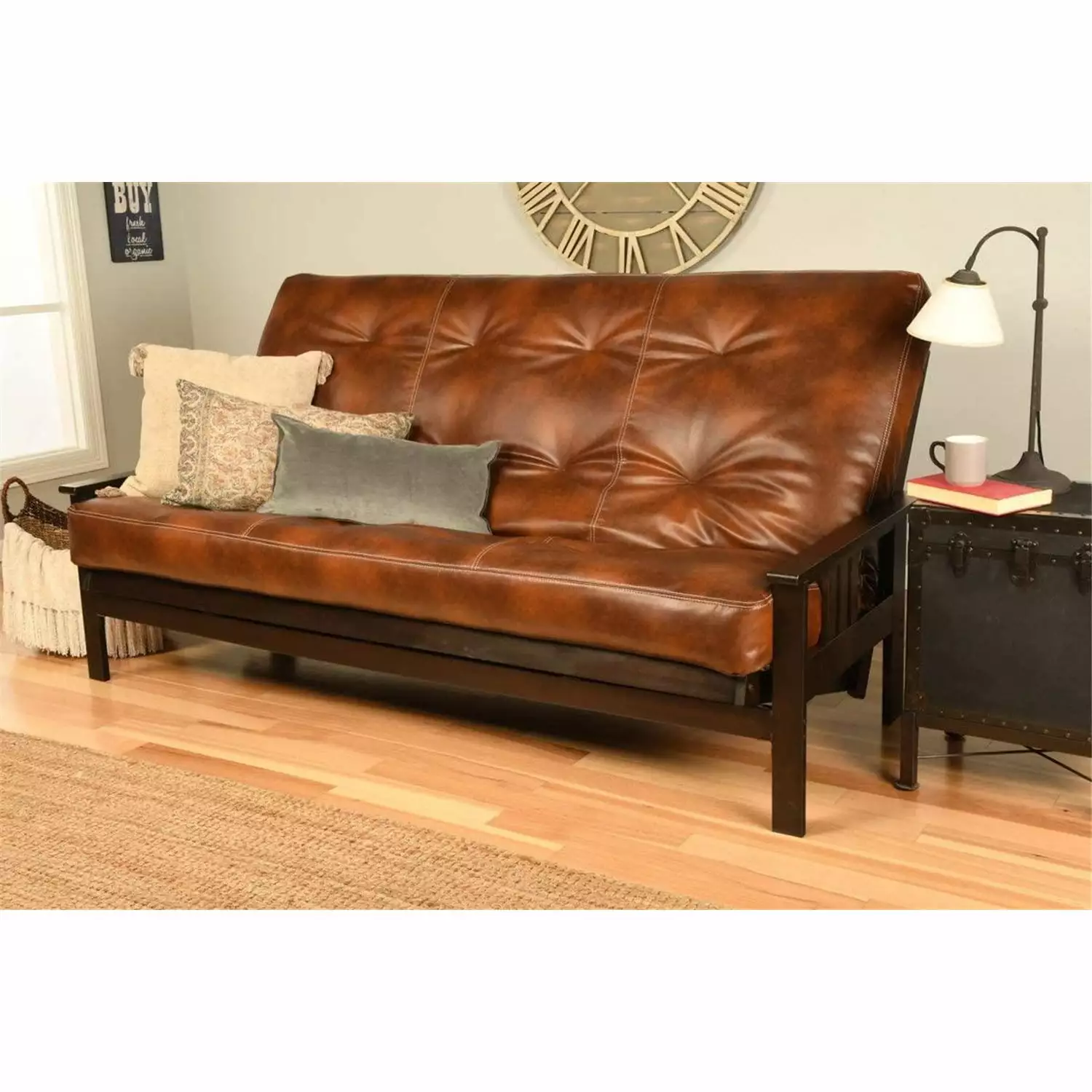 Homestock Mid-Century Marvel Futon Frame Queen Oregon Trail Saddle Mattress - Espresso Finish Futons