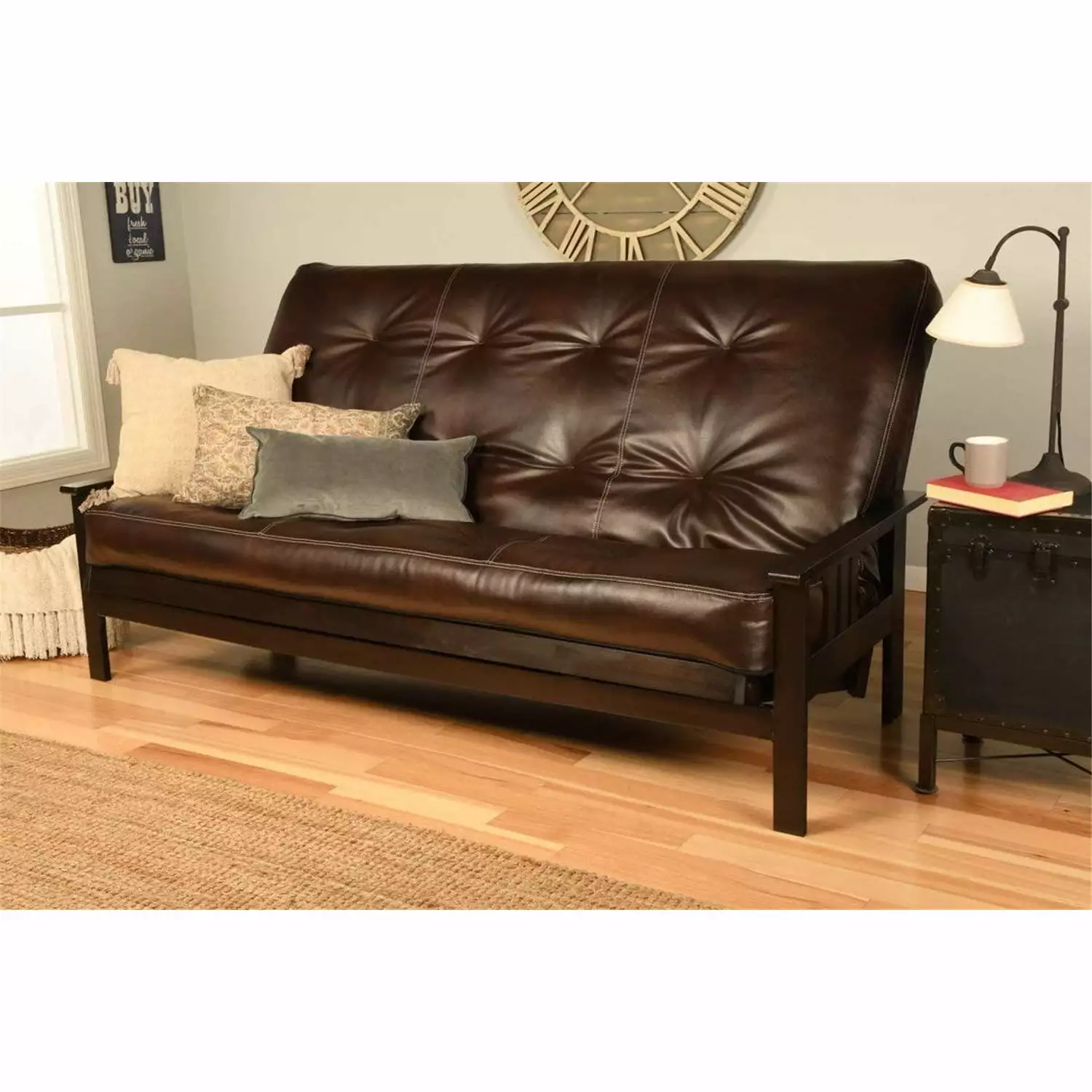 Homestock Modern Muse Futon Frame Queen Oregon Trail Java Mattress - Espresso Finish Futons