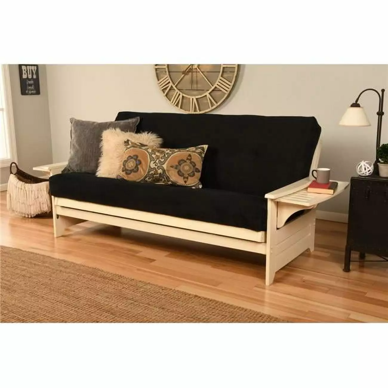 Phoenix Antique White Futon Frame Suede Black Mattress - Full Size Futons Templeton