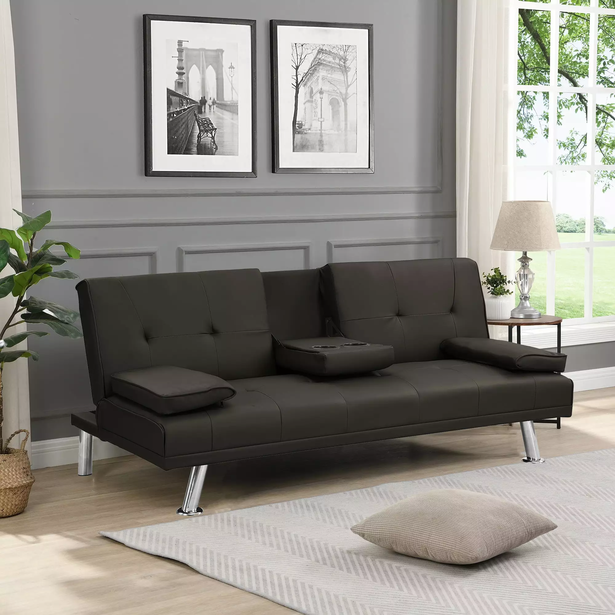 Sofa Bed Armrest Wood Frame and Stainless Legs Futon Brown Futons BZH