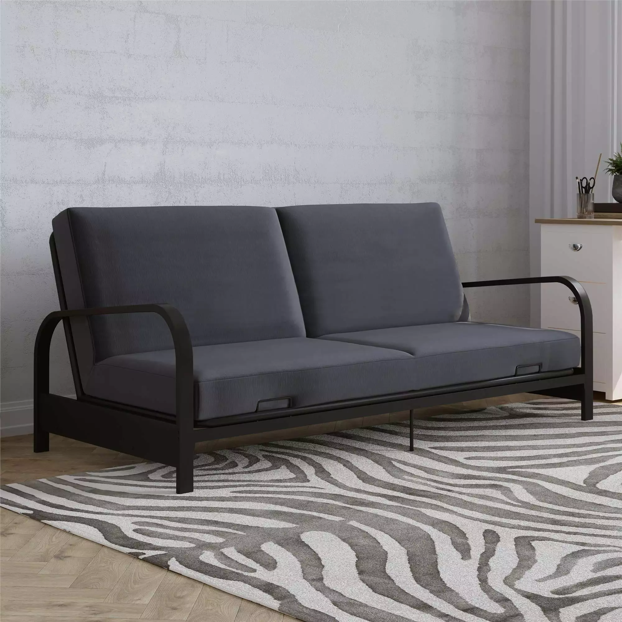 DHP College Metal Arm Futon Black Frame and Gray Mattress Futons