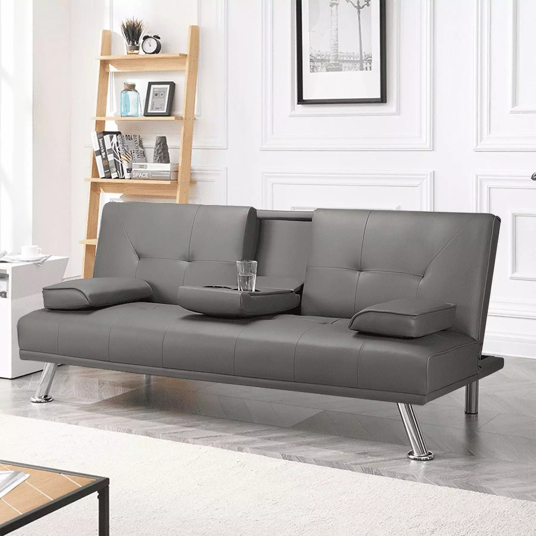 Easyfashion Luxury Goods Modern Faux Leather Futon Cupholders and Pillows Gray Futons