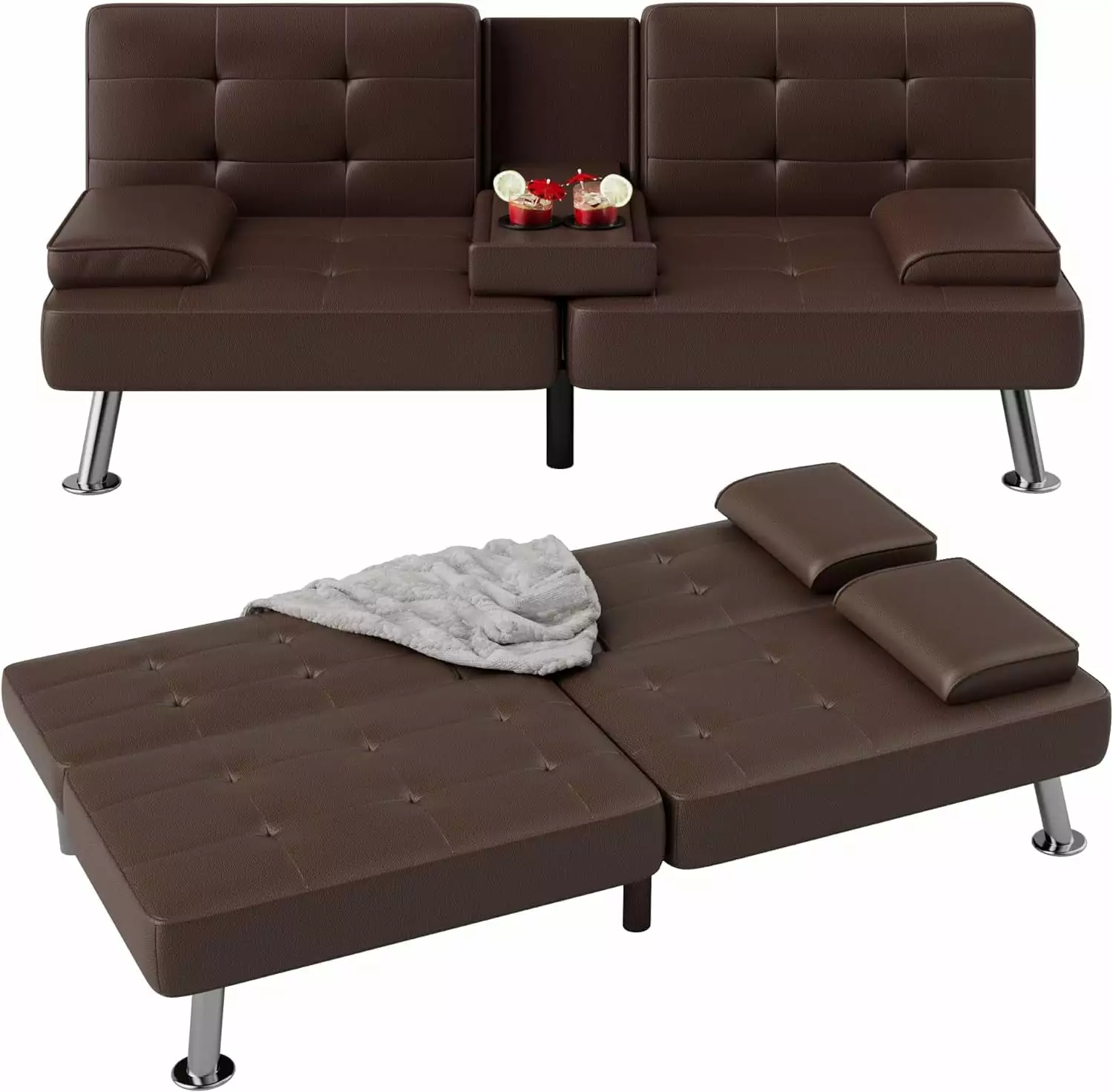 Modern Faux Leather Futon Sofa Bed Cup Holders and Removable Armrests Brown Futons jq01