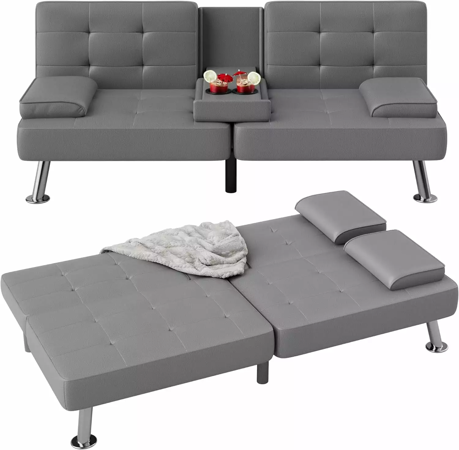 Modern Faux Leather Futon Sofa Bed Cup Holders and Removable Armrests Grey Futons jq01