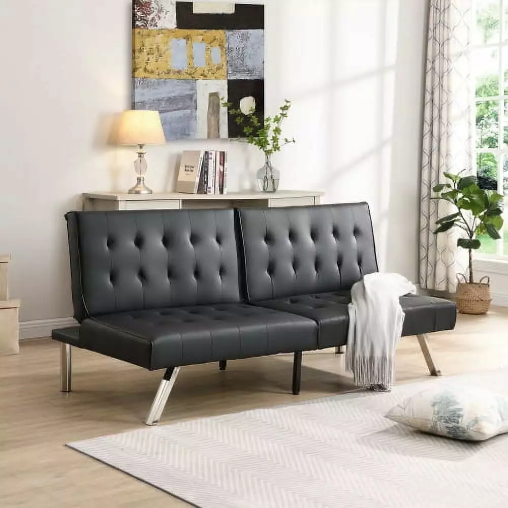 Leumius Modern Faux Leather Futon Sofa Bed Convertible Folding Sofa Living Room Black Futons