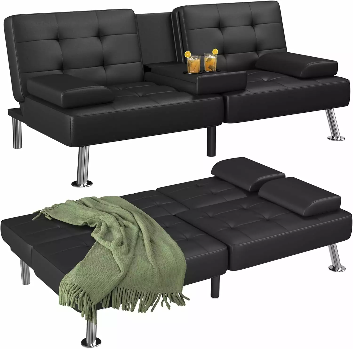 Modern Folding Futon Sofa Bed Faux Leather Convertible Recliner Cup Holders Black Futons MM