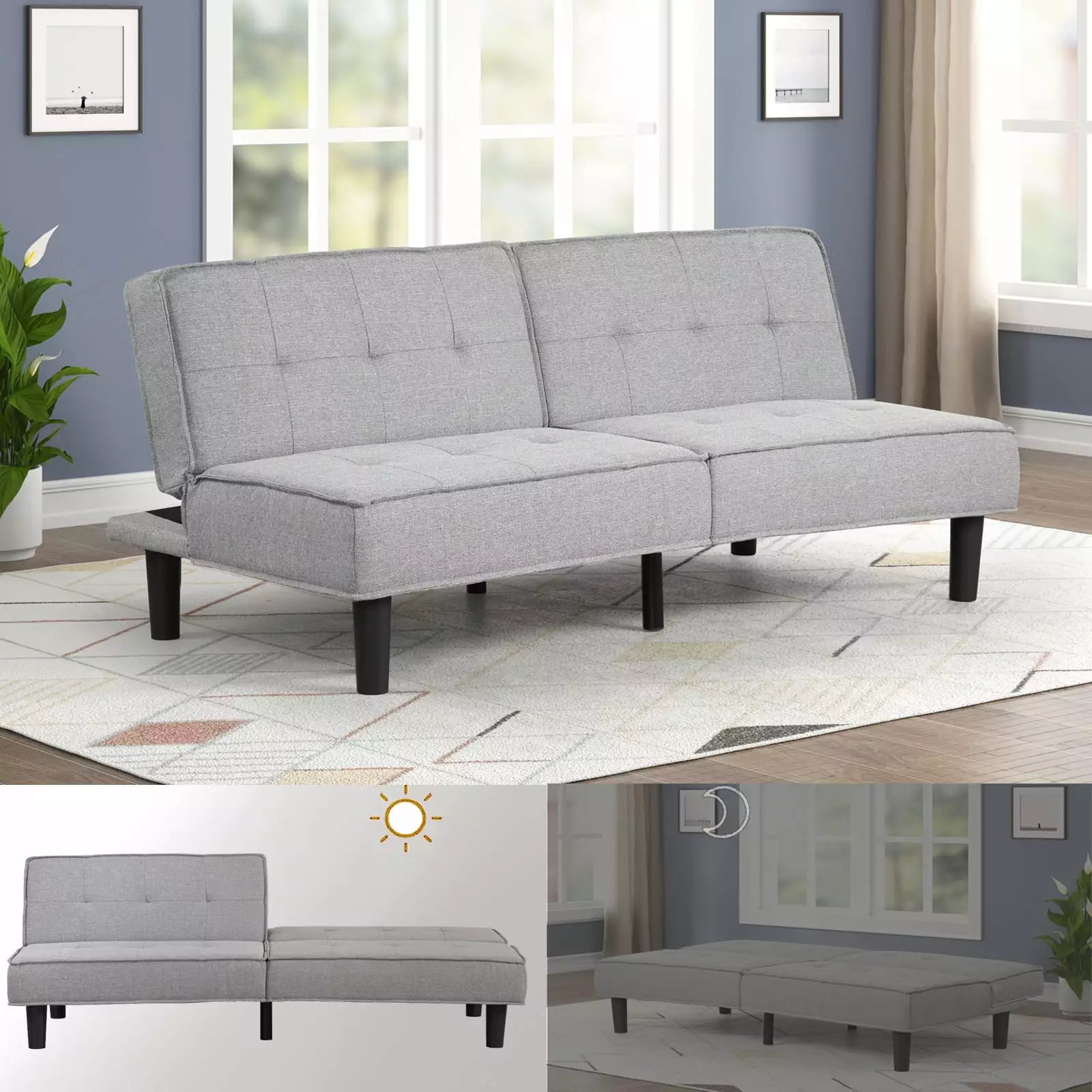 OUllUO Convertible Futon Couch Bed 2 Seater Loveseat Sofa Grey Futons
