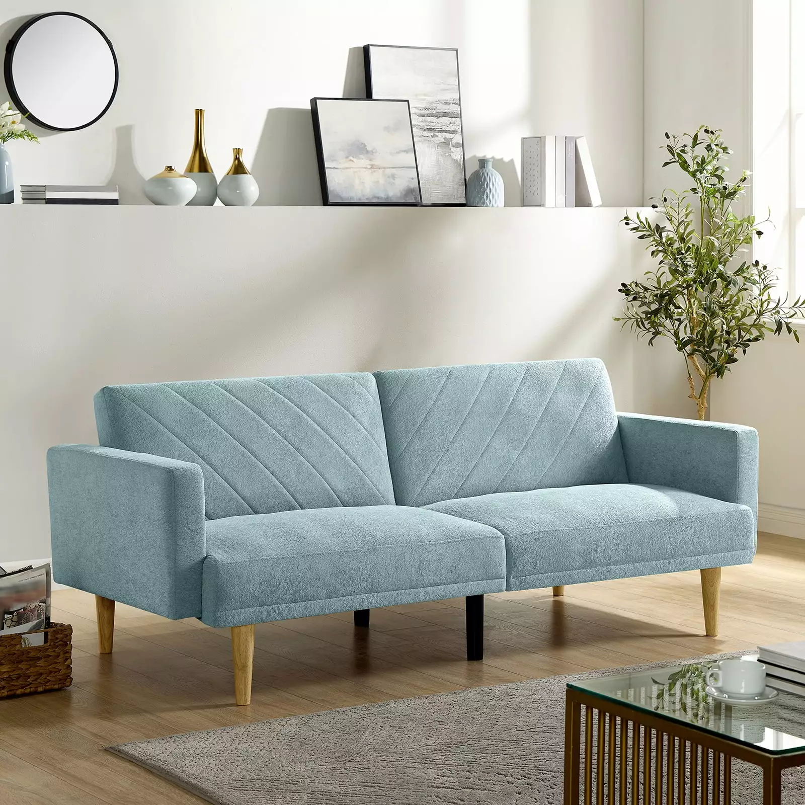 Multi-functional Futon Sofa Bed Tapered Wooden Legs and Color Options Blue Futons Viruhaka