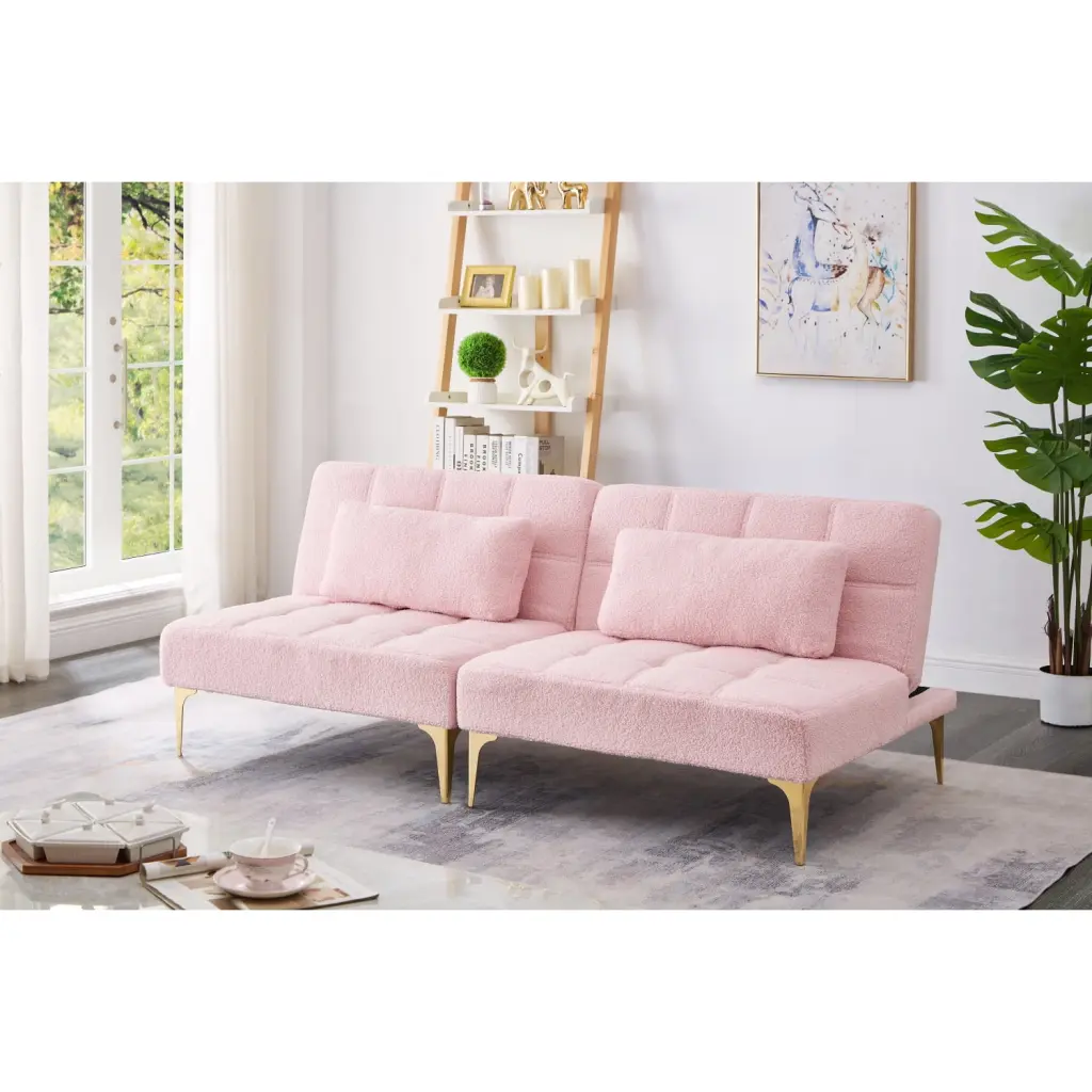 71 Convertible Sofa Bed Futon Gold Metal Legs Pink Teddy Fabric Small Spaces Ponnky