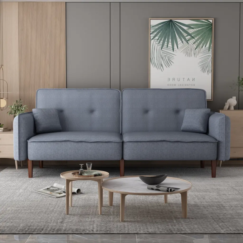 Functional Grey Fabric Futon Sofa Bed Solid Wood Legs Small Spaces Ponnky