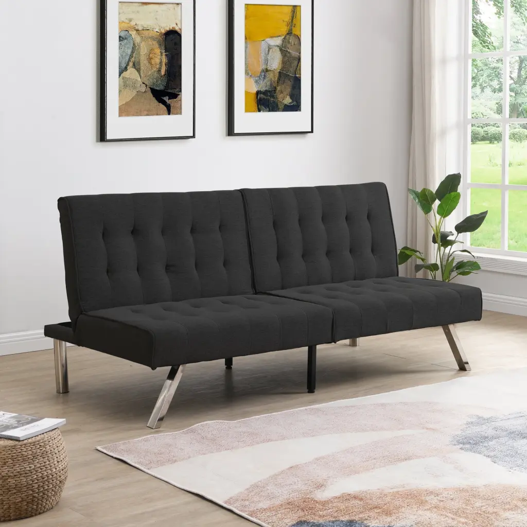 Versatile Black Futon Sofa Bed Durable Wood Frame and Stainless Steel Legs Ponnky