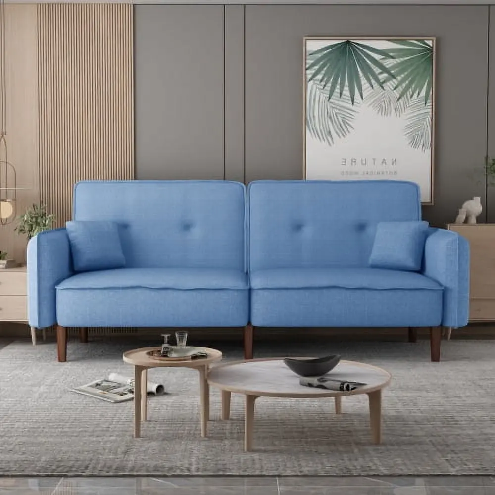 Saim Leisure Futon Sofa Bed Blue Fabric Solid Wood Legs Living Room Bedroom