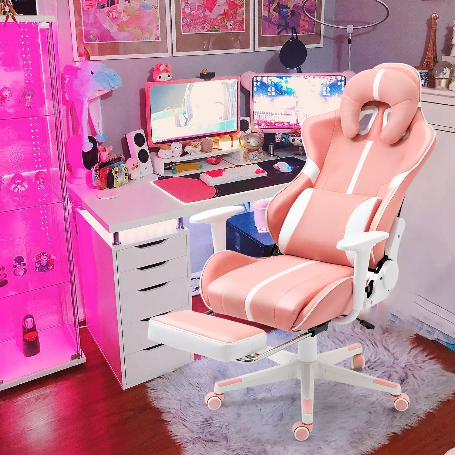 Pink Gaming Chair Footrest, High-Back Ergonomic PU Leather Reclining Computer Chair Adults, Video Game Chair Dorm Newnno