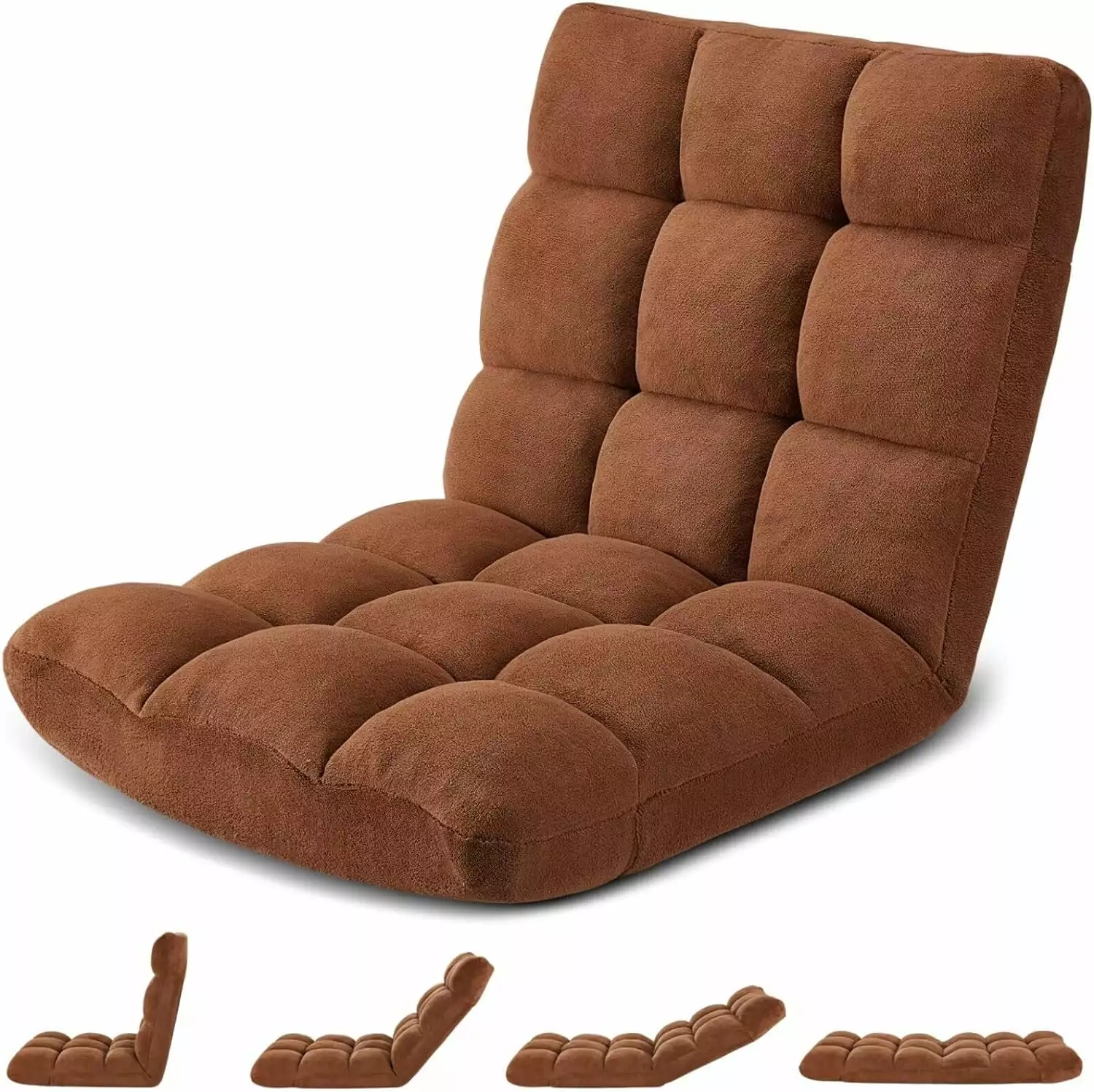 Folding Floor Gaming Chair 14-Position Cushioned Adjustable Lazy Sofa Breathable Cotton Skin-Friendly Flannel Brown WRP