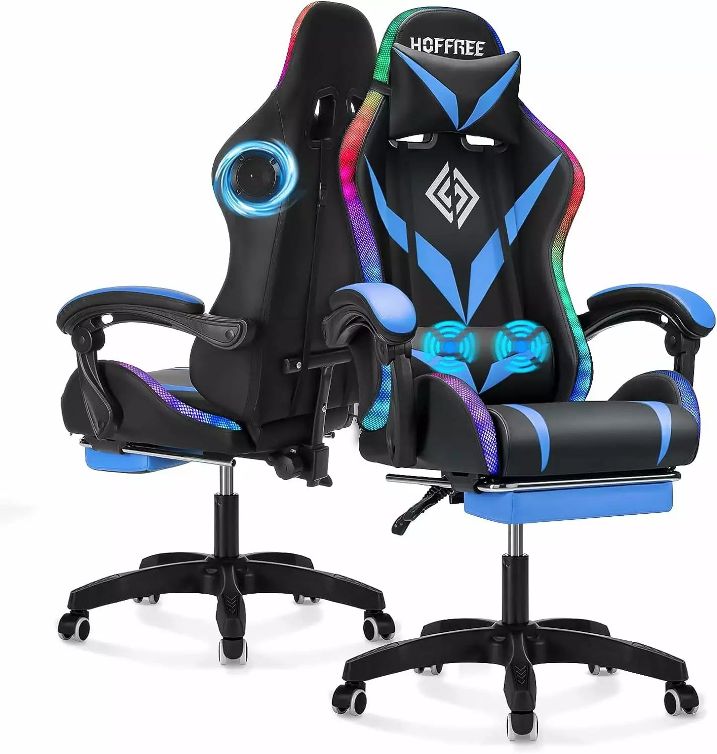 Ergonomic Gaming Chair Bluetooth Speakers & RGB Lights, High-Back Massage Computer Chair Footrest and Lumbar Support, Blue...