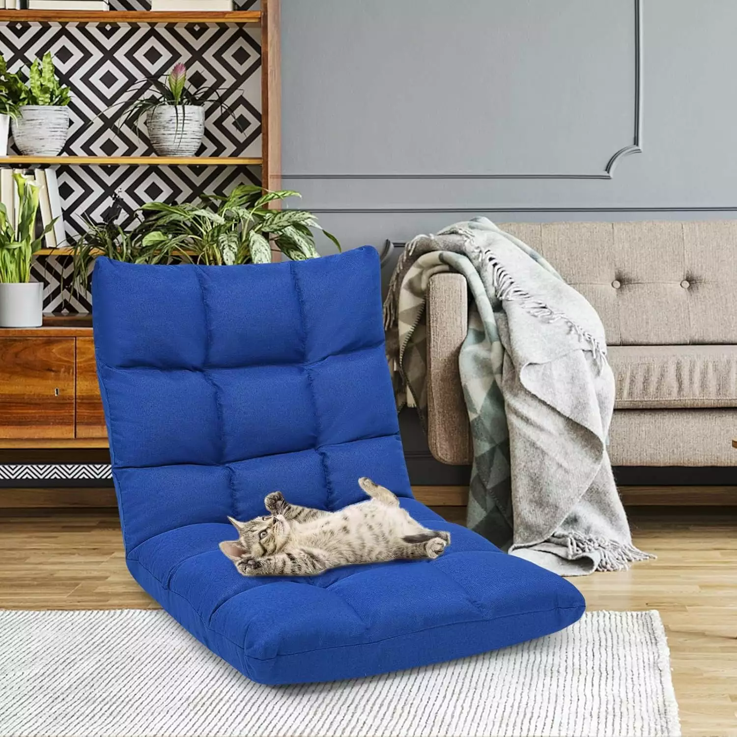 Floor Chair Back Support Adjustable Folding Gaming Chair 14-Position Cushioned Lazy Sofa TV Reading Navy Blue ZJ