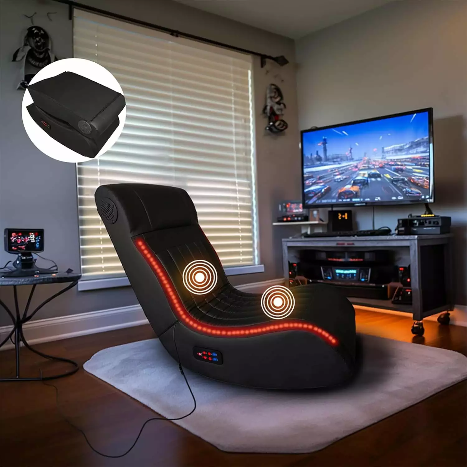 Floor Chair Foldable Gaming Chair Kids Multifunctional Chair 2 USB Port RGB Colorful Atmosphere Vibration Motors Built- Sp...