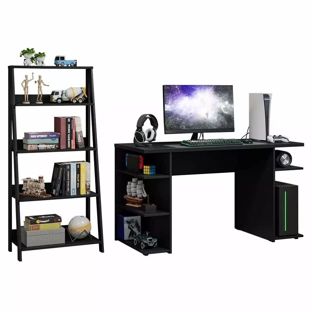 Madesa Gamer Desk 53 Inch Ladder Shelf Standing Bookcase Black