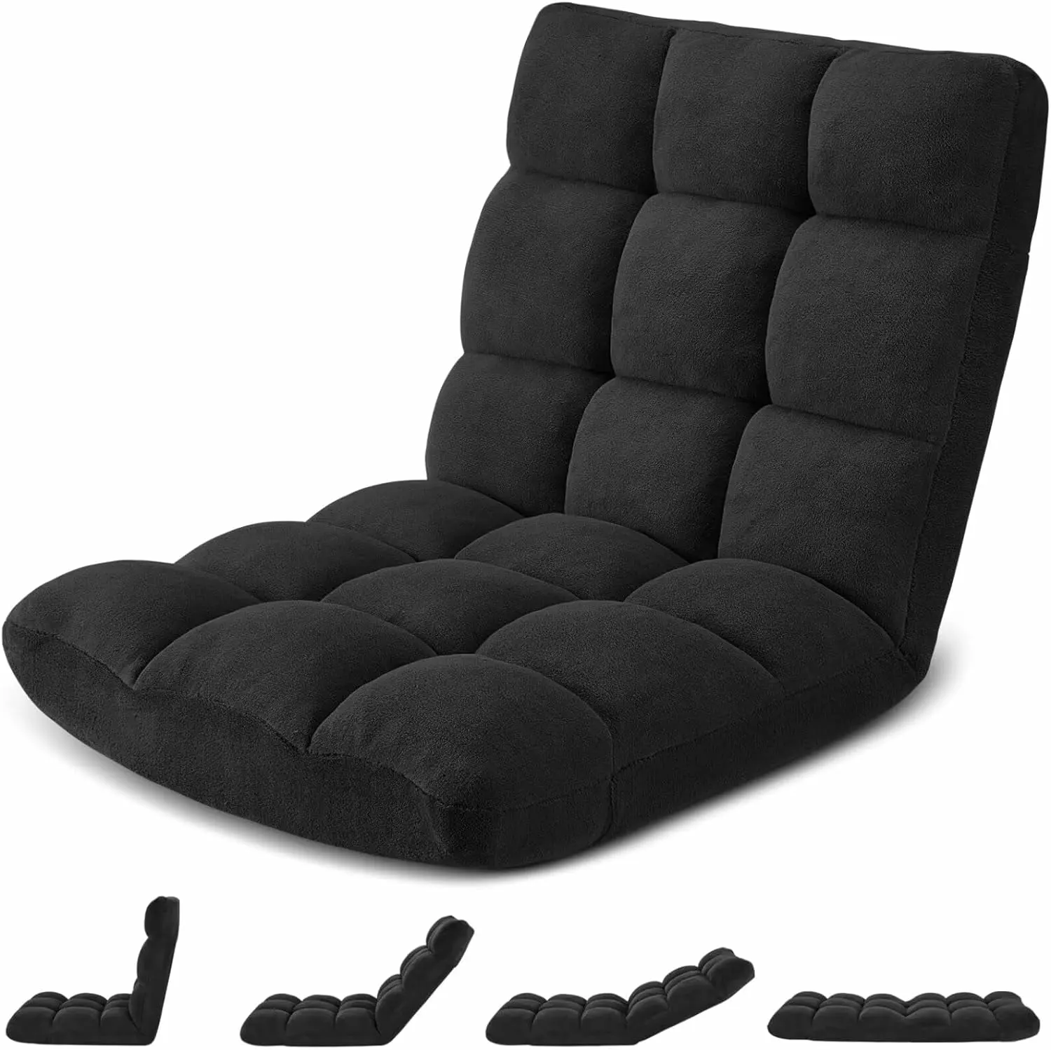 14-Position Folding Floor Gaming Chair Skin-Friendly Flannel & Aluminum Frame - Black HUNKENG