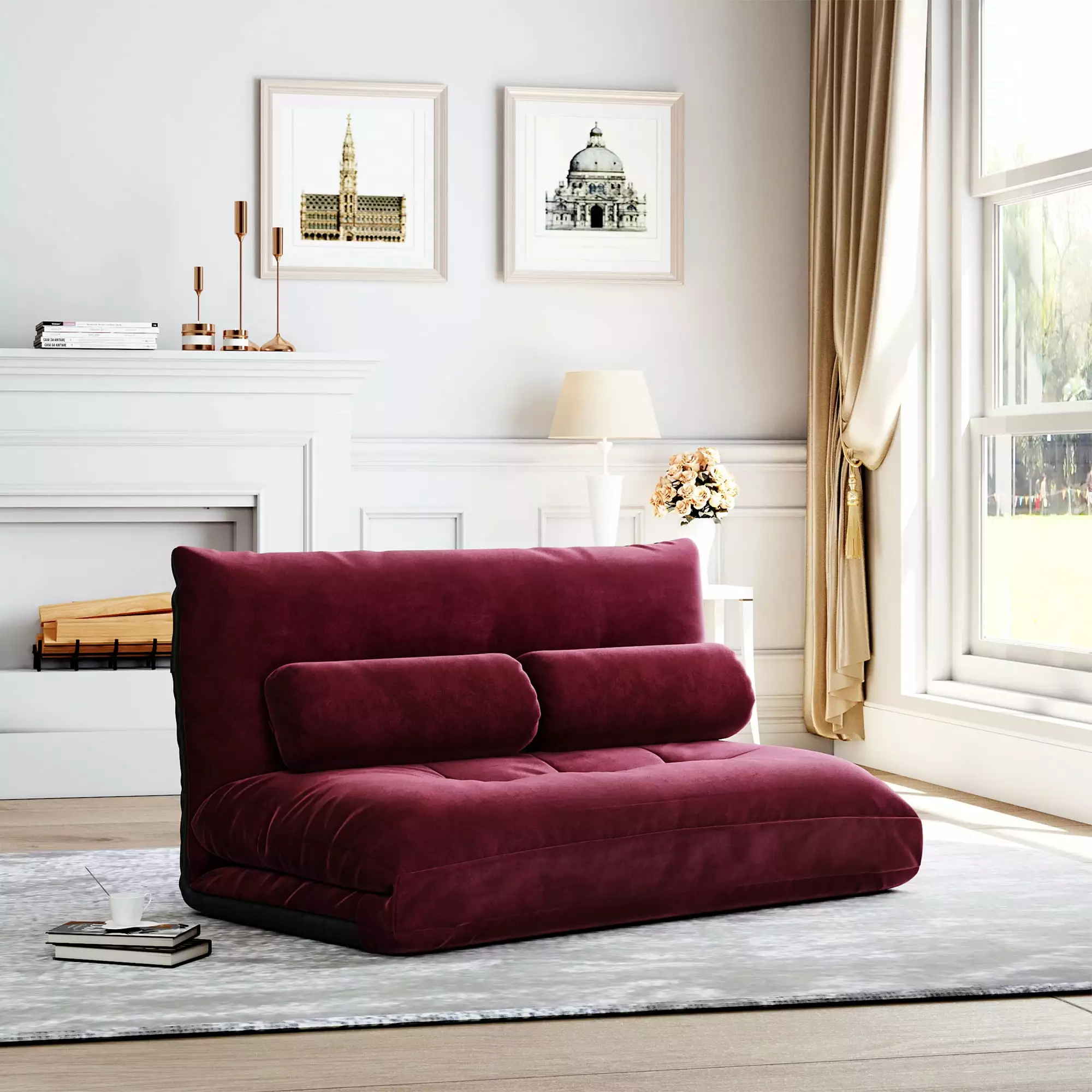 Roomfitters Adjustable Folding Futon Sofa Two Pillows - Burgundy Gaming Sofa