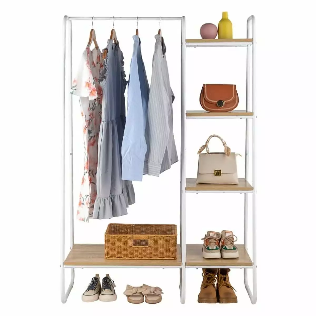 Clothes Rack 5 Wood Shelf Freestanding Garment Rack Standing Metal Sturdy Clothing Storage White YTTX