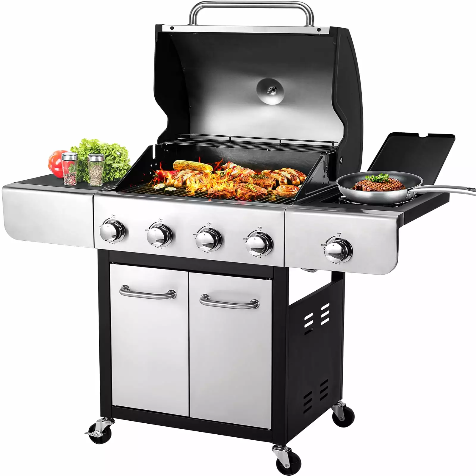 Arlopu 4-Burner Propane Gas Grill Side Burner Stainless Steel Patio BBQ