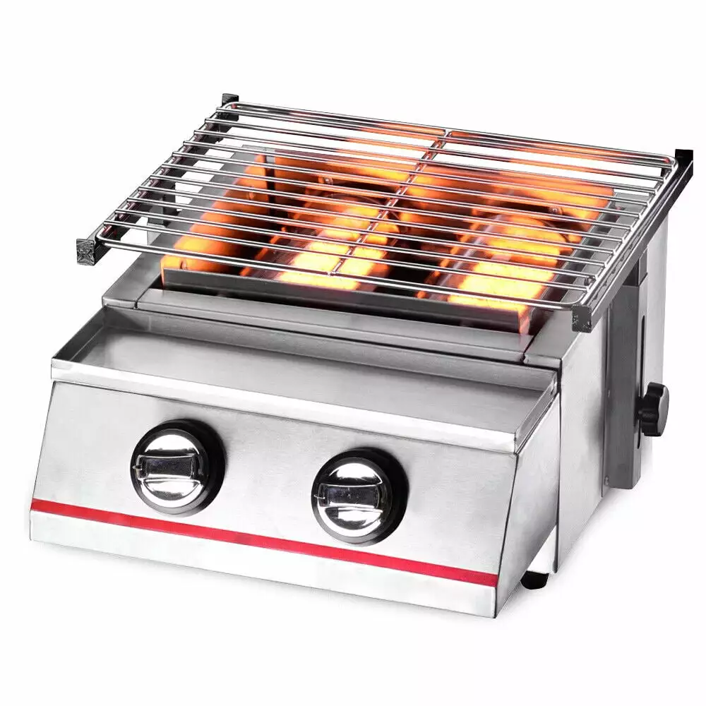 Wuzstar Portable Tabletop 2 Burner BBQ Gas Grill Outdoor Indoor Gas Camping Stove Stainless Steel Versatile Cooking
