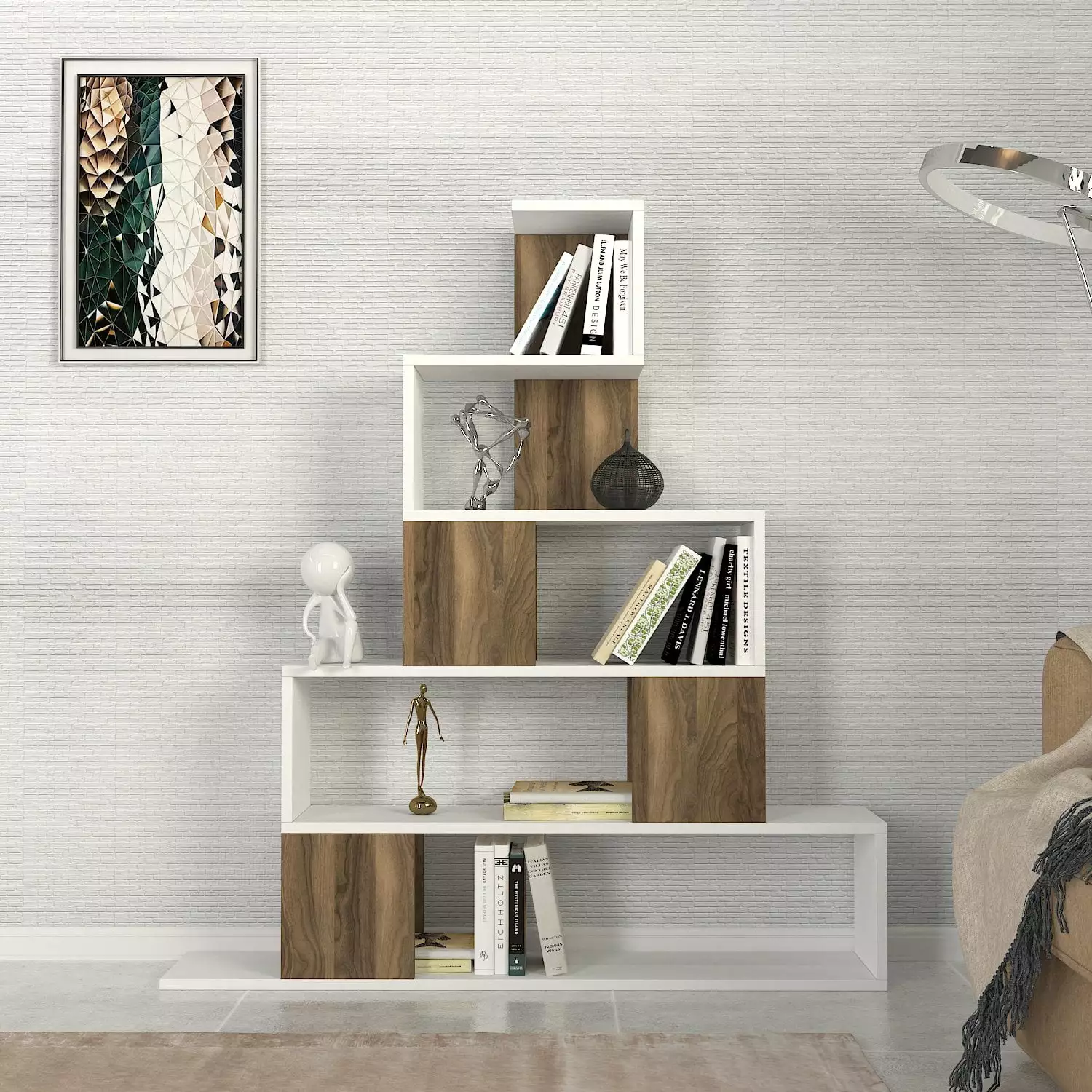 DORPEK 5-Tier Geometric Bookshelf 51 Tall Storage Display Unit Tree Shaped Shelf Free Standing Open Bookcase White Walnut ...