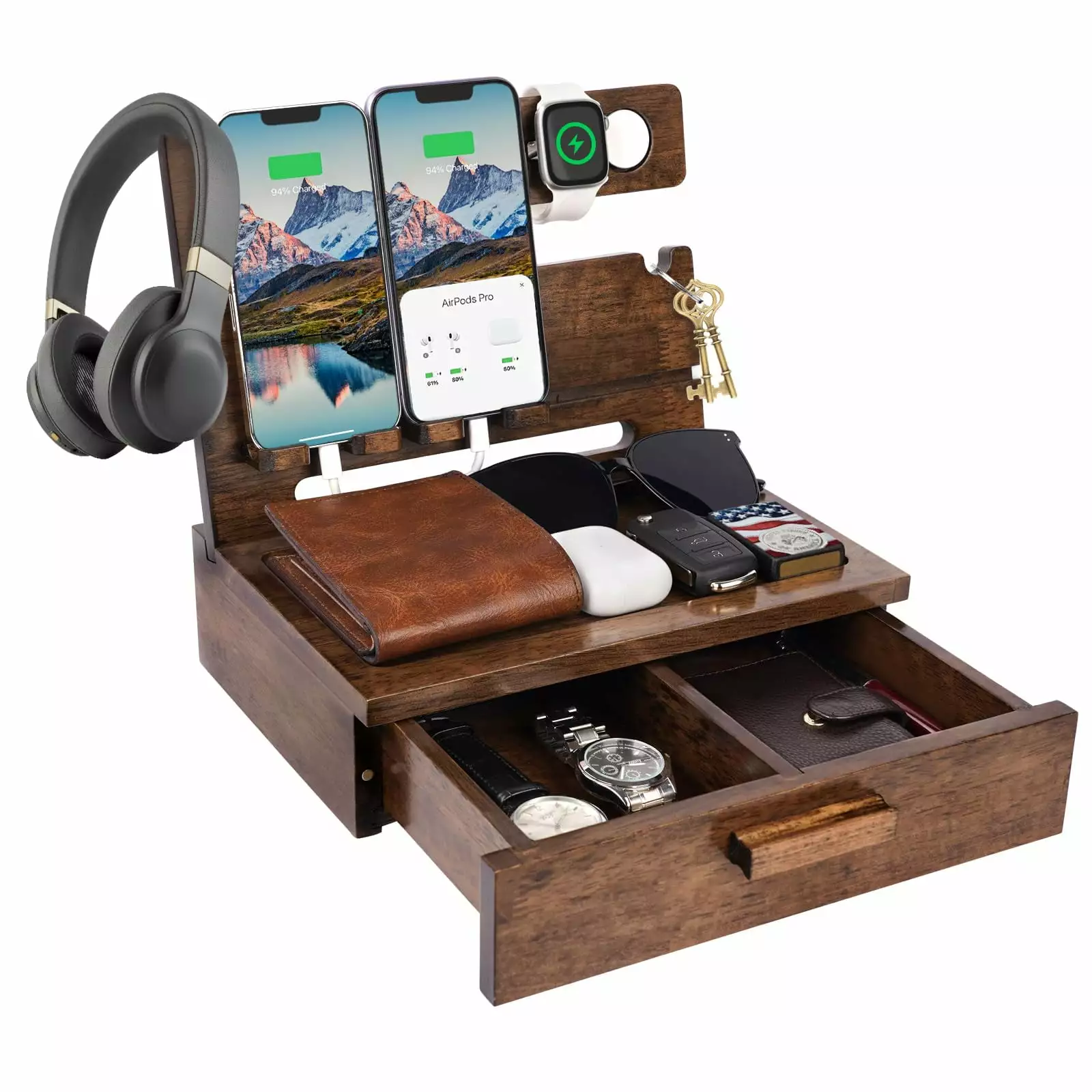 Wood Phone Docking Station Drawer Nightstand Arranger Men Fathers Day Gift LAYDZSW