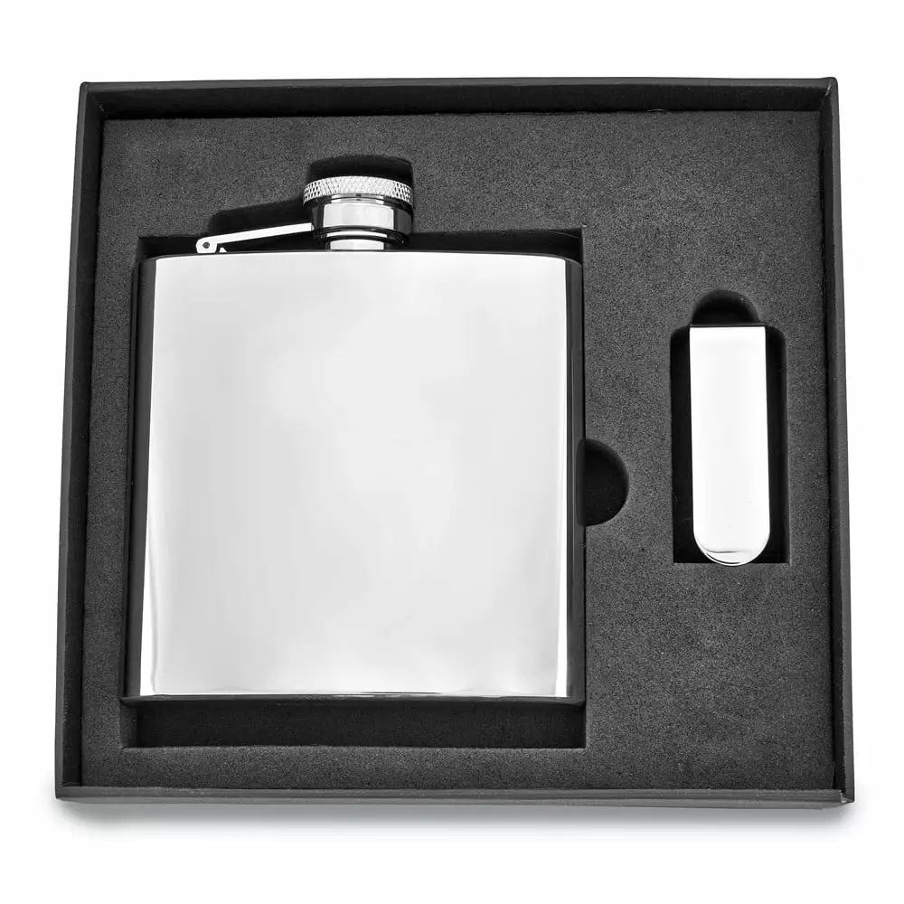 6 Ounce Stainless Steel Flask and Money Clip Gift Set Q-GM2714 - Compact and Stylish