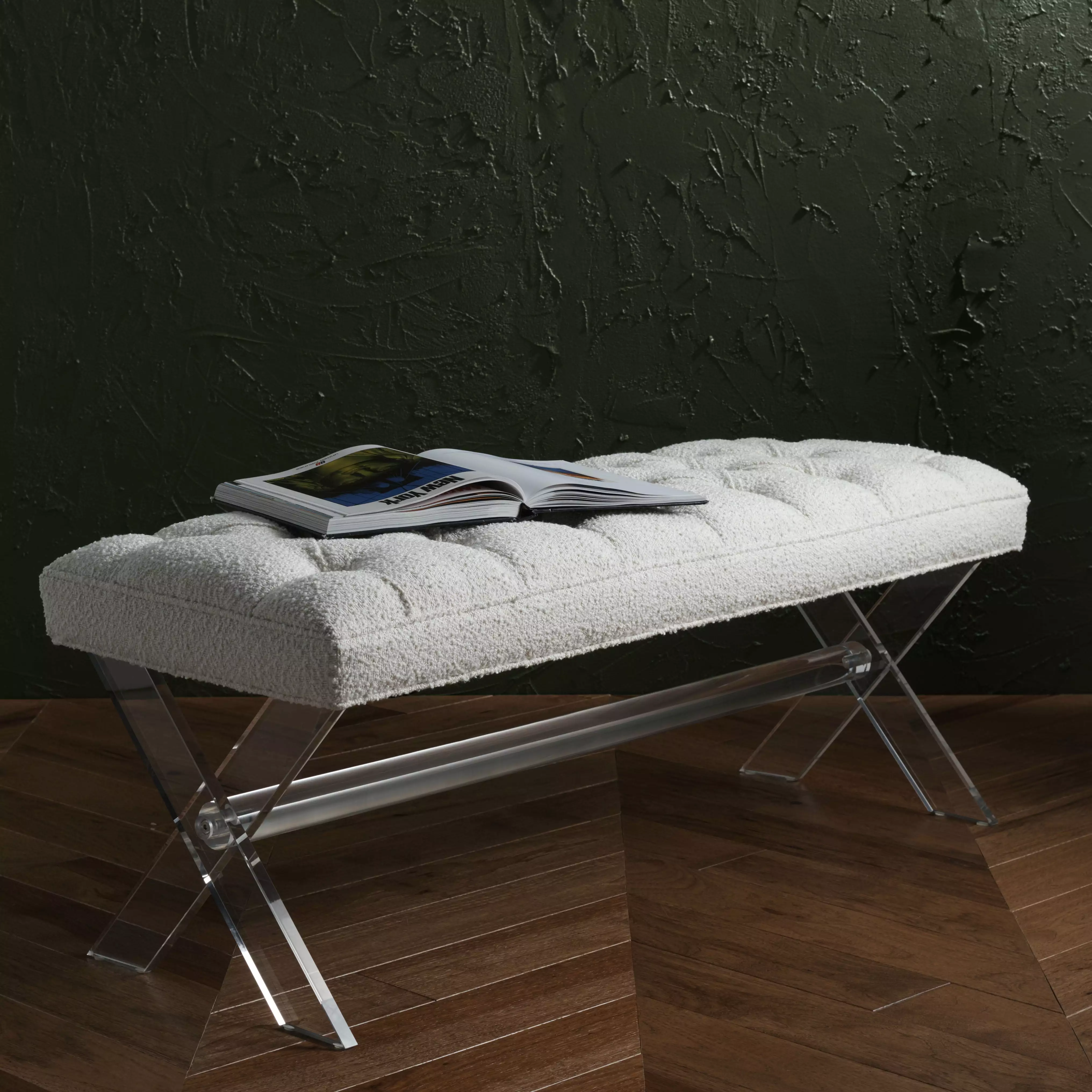 SAFAVIEH Couture Tourmaline Solid Boucle Glam Bench Acrylic Frame Ivory Benches