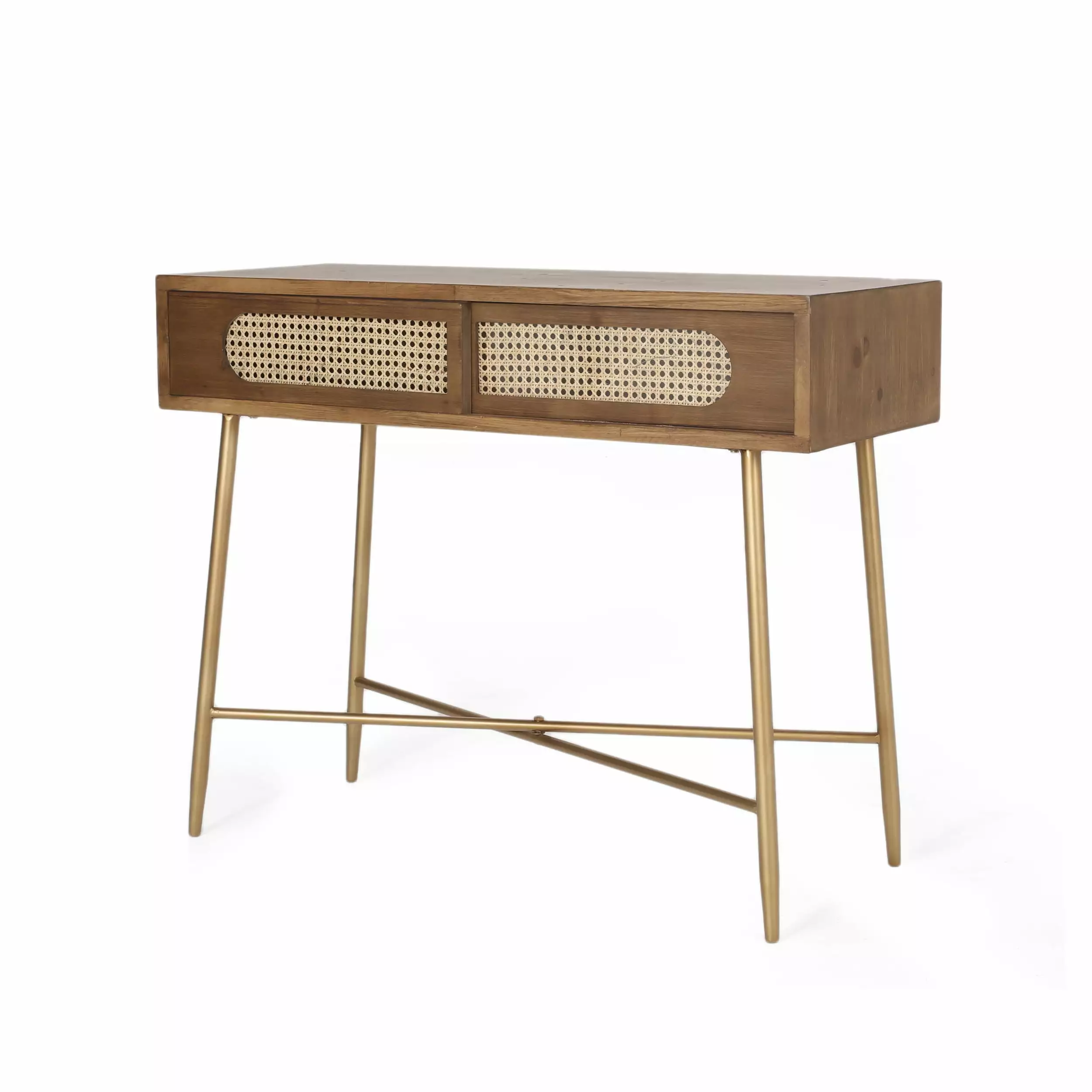 Noble House Pilster Glam Wood and Wicker Console Table Walnut Natural Antique Gold Console