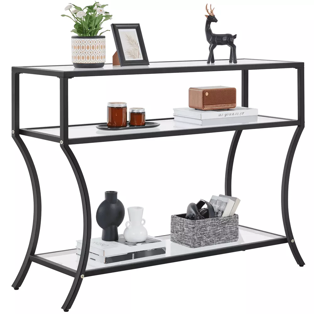 Alden Design 3 Tier Modern Black Tempered Glass Console Table Living Room Console