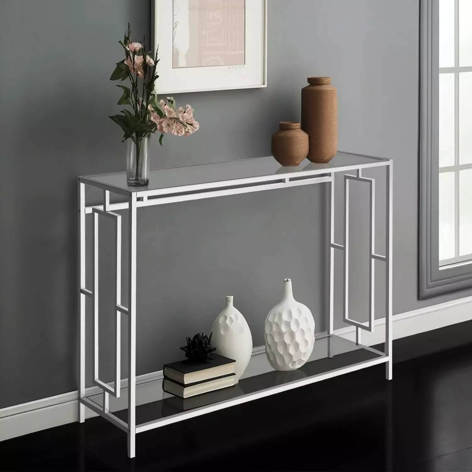 GoDecor Square Glass Console and Sofa Table Entryway Table Lower Storage Shelf Silver Console FCH
