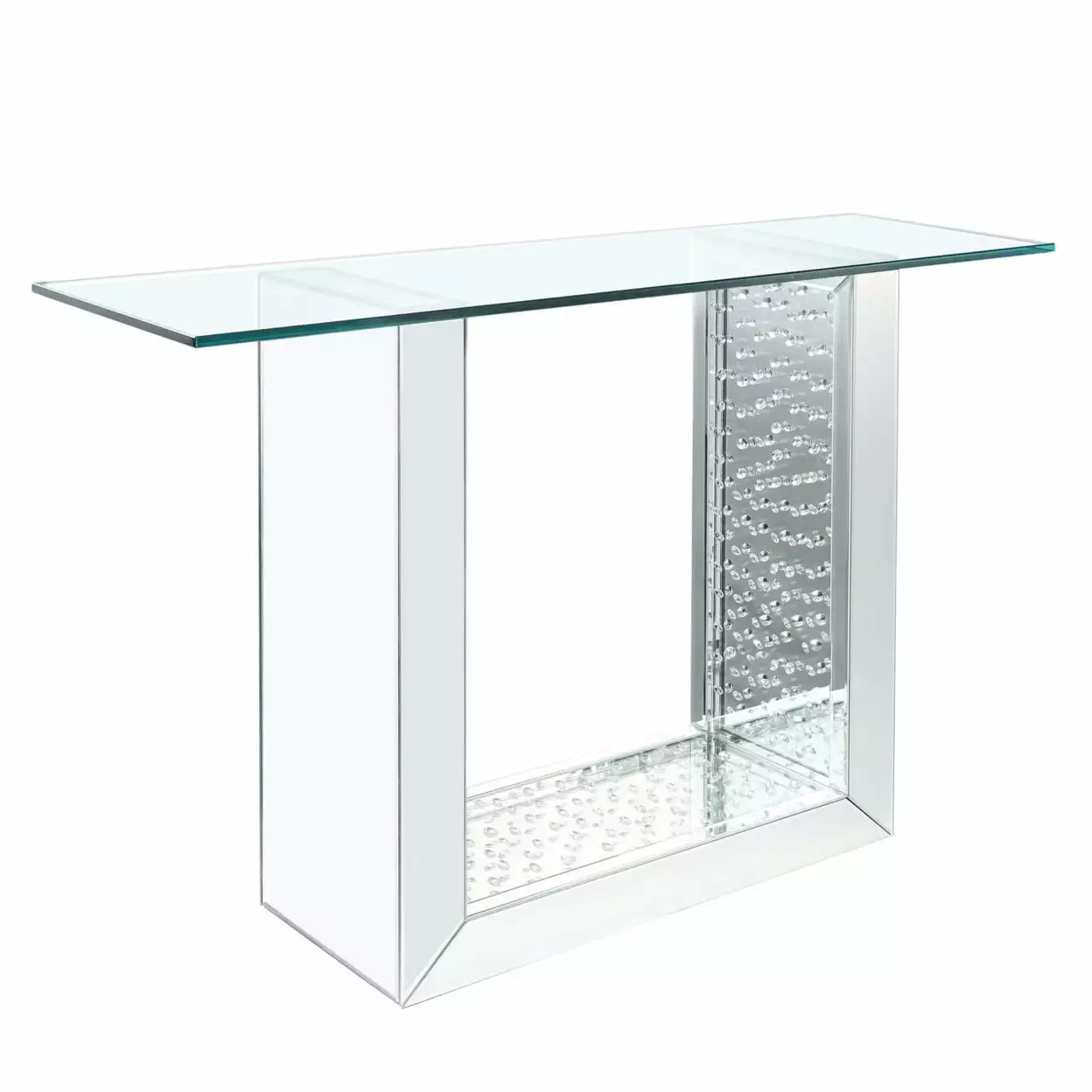 46 Inches Glass Top Console Table Mirrored Sled Base Silver Console Saltoro Sherpi