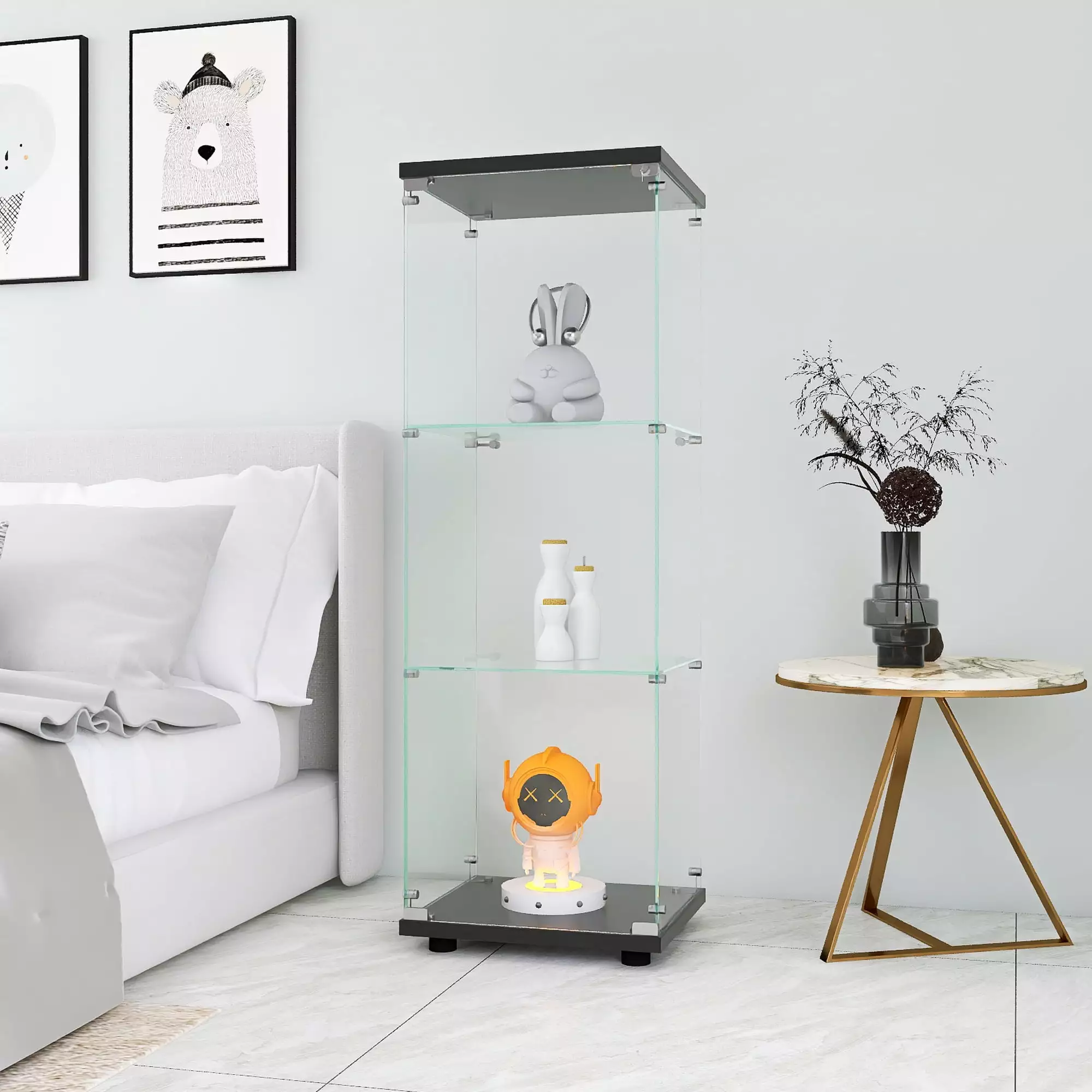 Glass Display Cabinet 3 Shelves One-Door Curio Cabinets Living Room Bedroom Office SMHZ