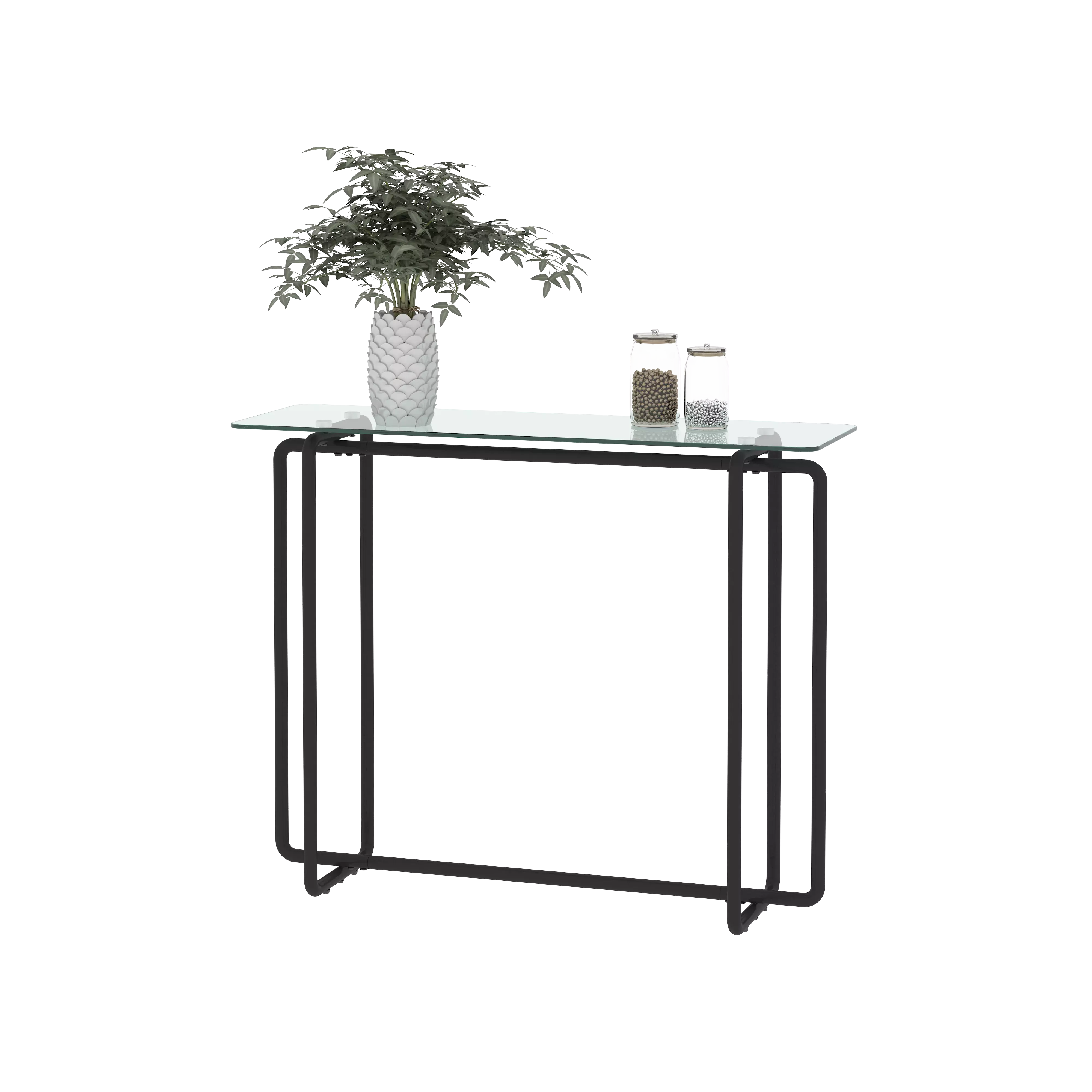 Transparent Single Layer Tempered Glass Rectangular Porch Table Black Legs Console Leadbon