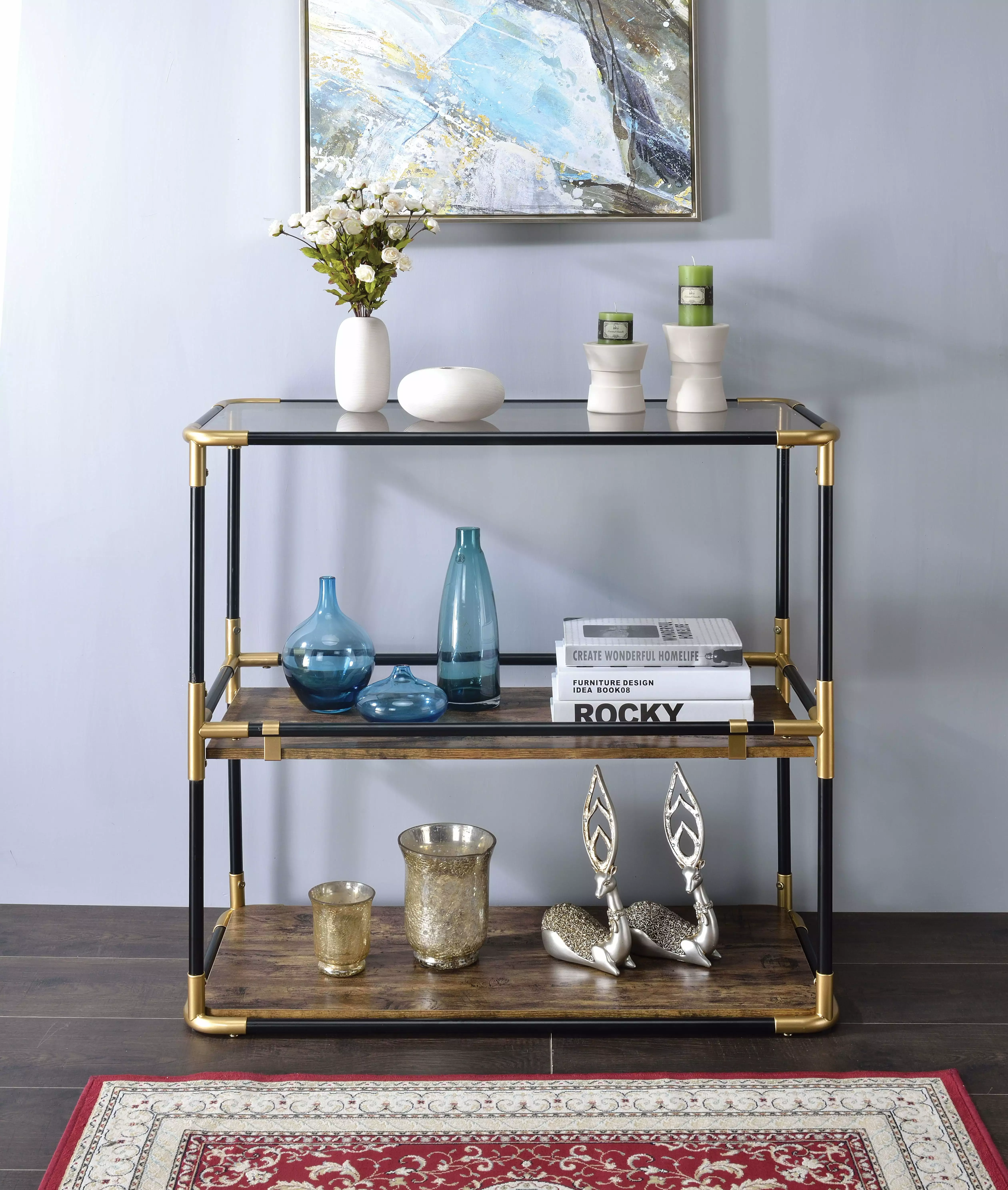 CoSoTower Console Table Black and Gold Smoky Glass Top Modern Living Room Decor Console