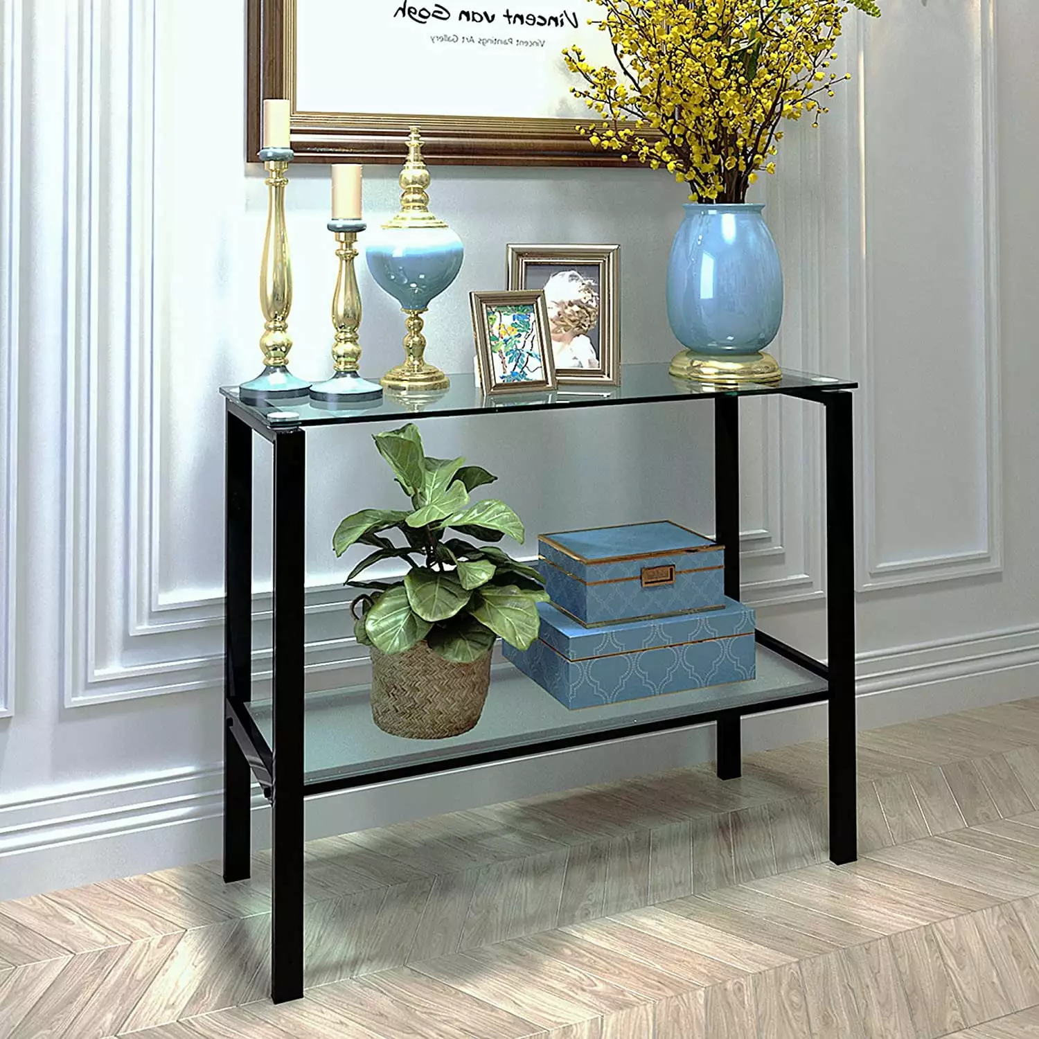 Holaki Glass Console Table Entryway Black Metal Leg and 2-Tier Storage Console