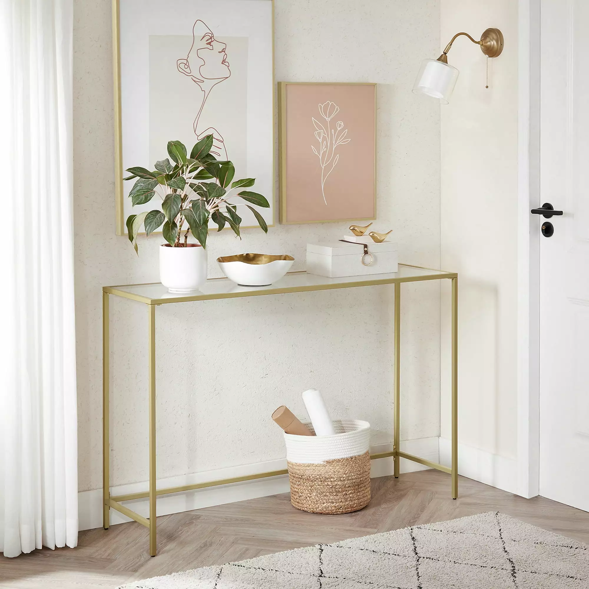 VASAGLE 47.2 Inch Modern Glass Console Table Gold Frame Living Room Console