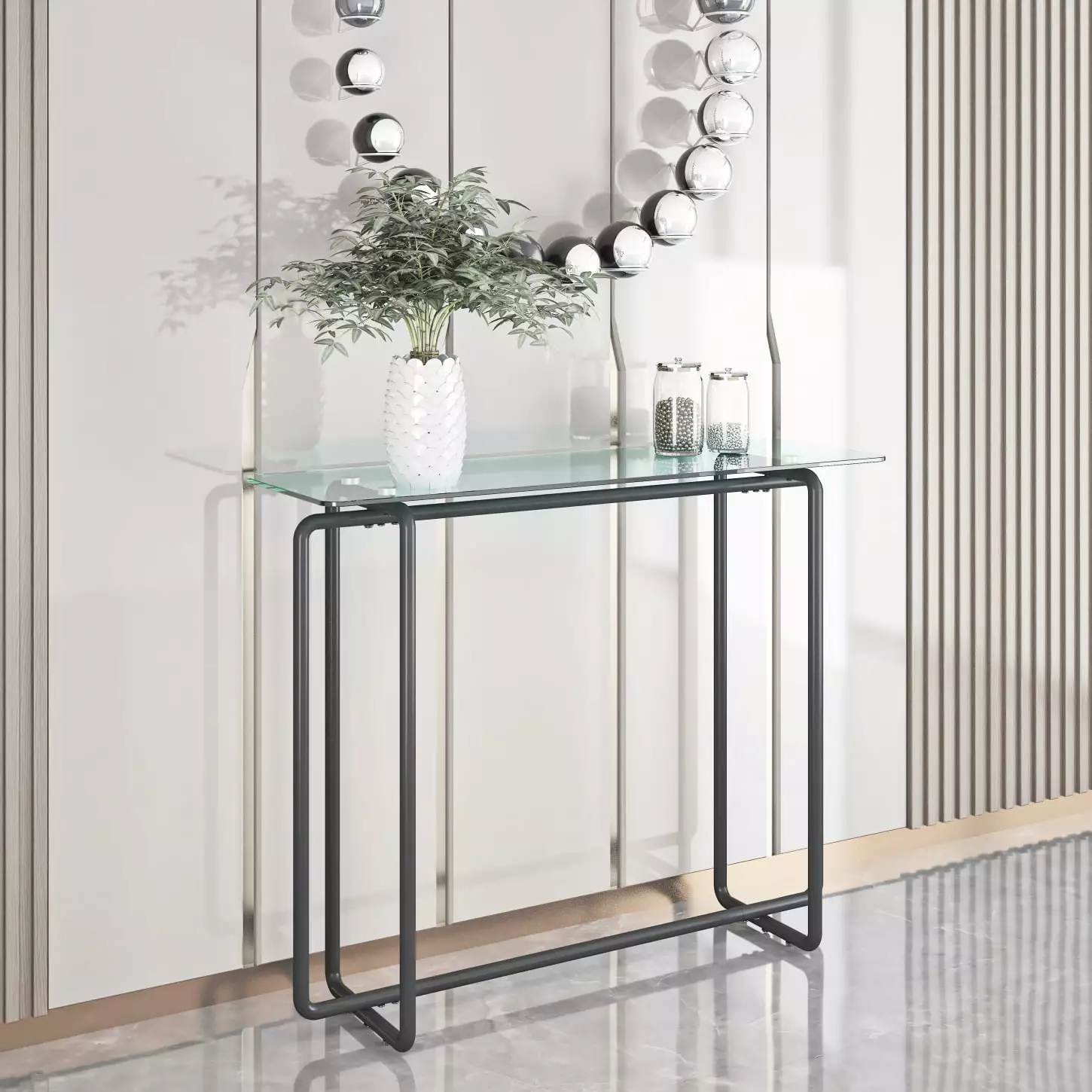 Modern Transparent Rectangular Console Table Tempered Glass and Black Legs Console HATNOKIL