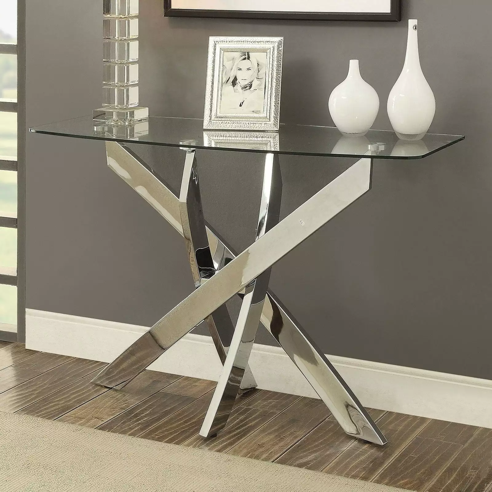 Rectangular Glass Top Sofa Table Criss Cross Base Silver and Clear Console Bed Bath & Beyond