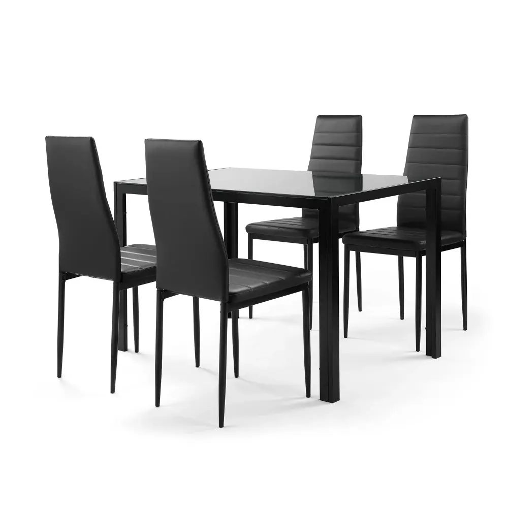5 Pieces Dining Table Set 4, Kitchen Room Tempered Glass Dining Table, 4 Faux Leather Chairs - Onyx