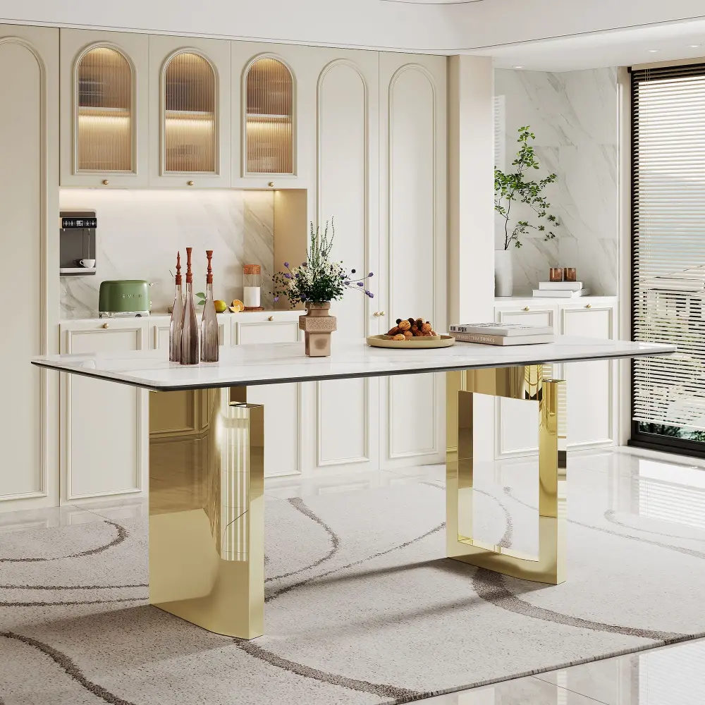 Sintered Stone Composite Tempered Glass Top Rectangular Dining Table Stainless Reinforced Base