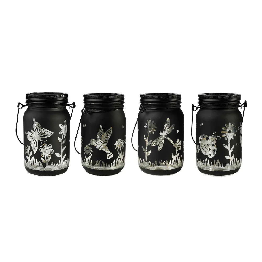 Solar Glass Jar All-metal Handle and Garden Theme Design, Black (Choice Between 4 Models)