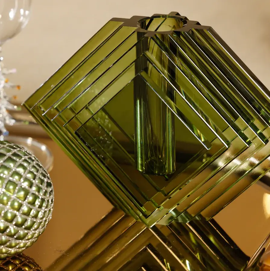 Stacked Concentric Diamond Motif Crystal Glass Vase, Emerald