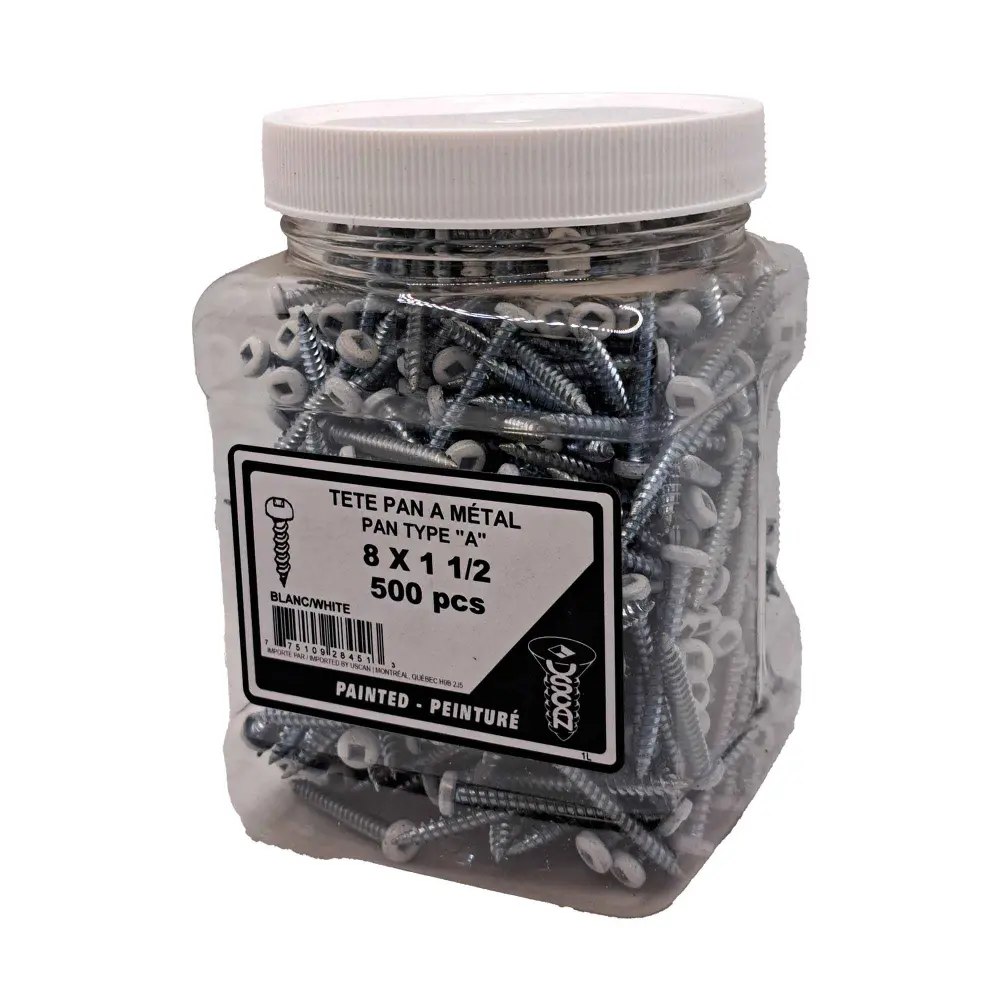 White Pan Head Metal Screw, #8 x 1-1/2" (Jar 500 Units)
