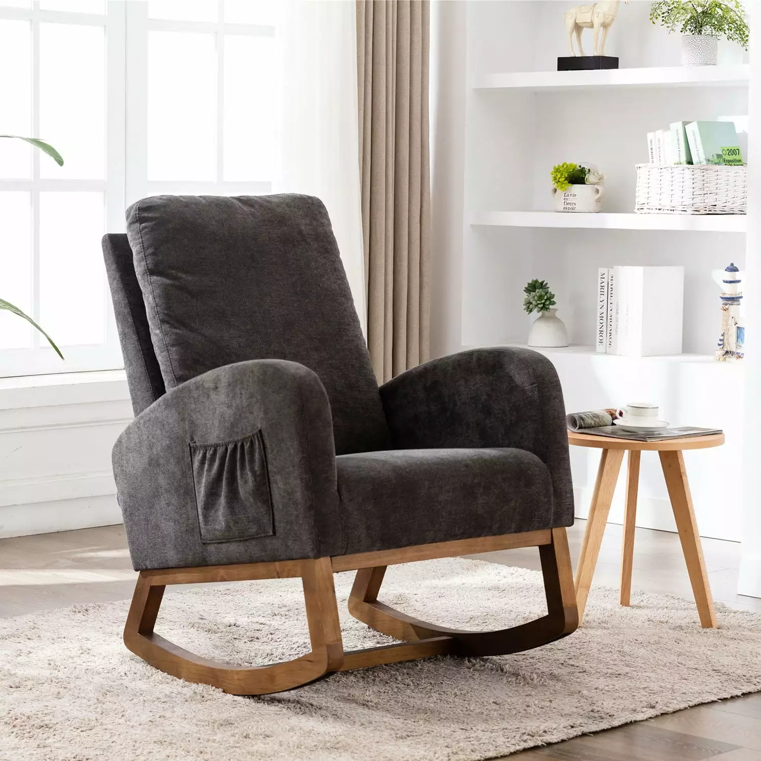 Modern Accent Rocking Chair Dark Gray - Upholstered Glider Rocker Side Pocket Nlur