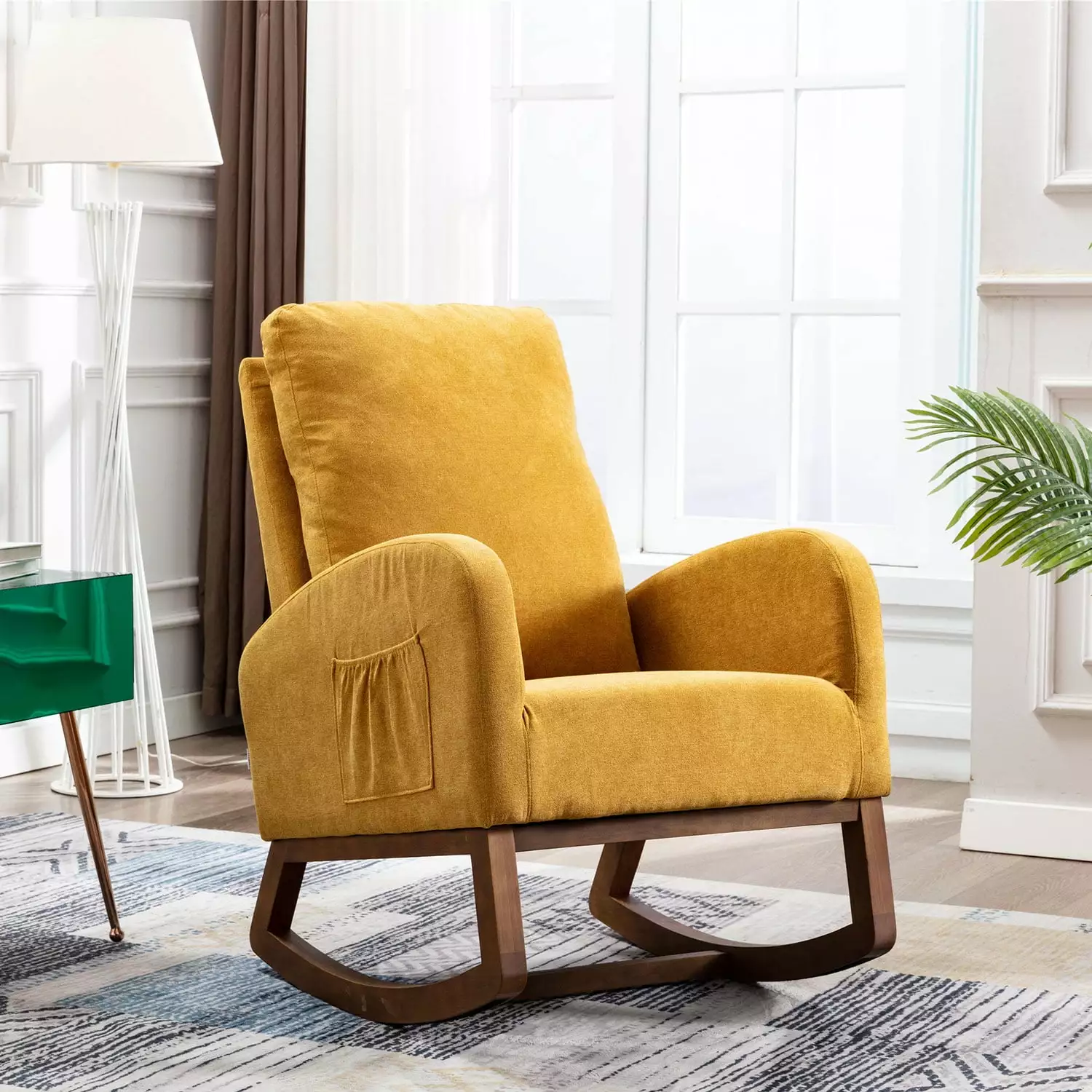 Modern Upholstered Glider Rocker Chair Nursery Side Pocket Yellow - Comfy Armchair Nlur