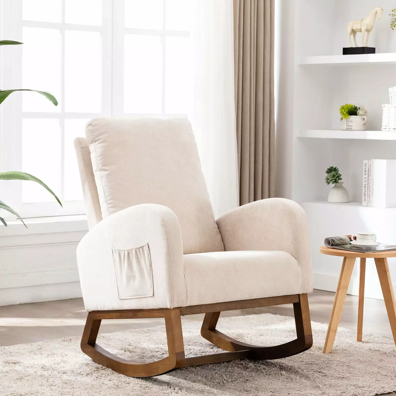 Rocking Chair Modern Upholstered Glider Chair Nursery Comfy Armchair Side Pocket Beige Nlur